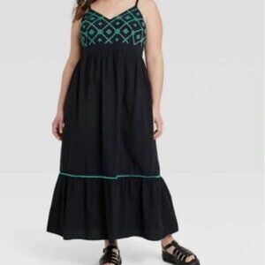 Ava & Viv Black Green Embroidered Tiered Maxi Dress